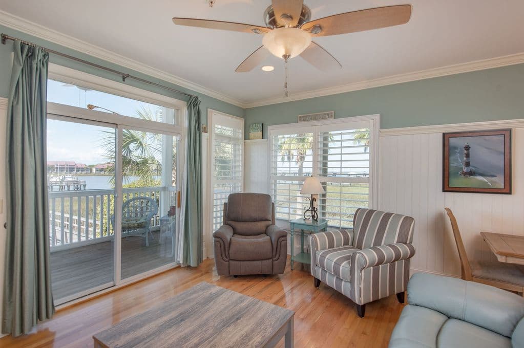 Open living area with waterfront views on two sides